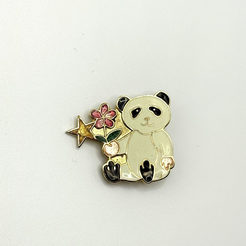Vintage CLOISONNE Enamel Pendant Panda Bear Flower Floral Star Gold Tone